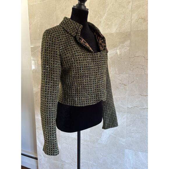 Carlisle Tweed Cropped Blazer 6 Green Black Leopard Statement Jacket Office Chic - Picture 2 of 13